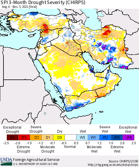 Middle East and Turkey SPI 3-Month Drought Severity (CHIRPS) Thematic Map For 8/6/2021 - 11/5/2021
