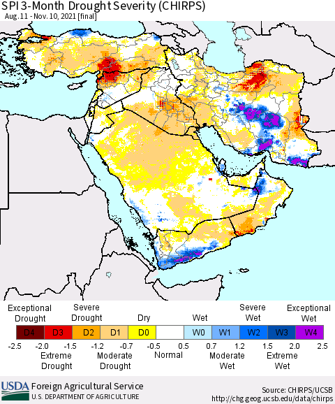 Middle East and Turkey SPI 3-Month Drought Severity (CHIRPS) Thematic Map For 8/11/2021 - 11/10/2021