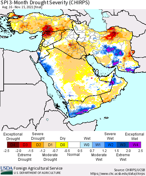 Middle East and Turkey SPI 3-Month Drought Severity (CHIRPS) Thematic Map For 8/16/2021 - 11/15/2021