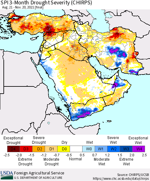 Middle East and Turkey SPI 3-Month Drought Severity (CHIRPS) Thematic Map For 8/21/2021 - 11/20/2021