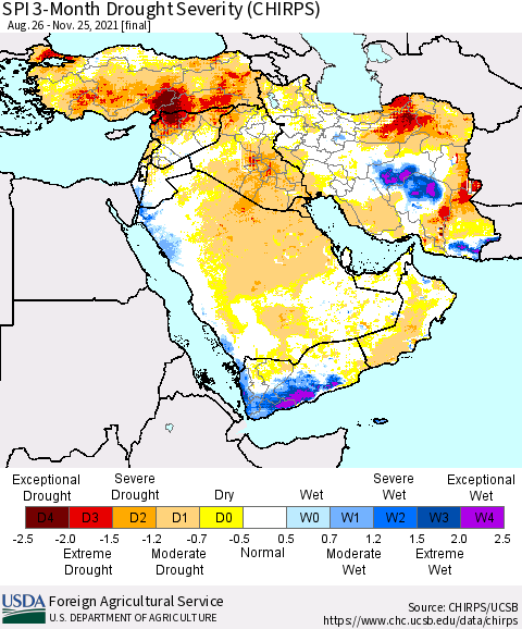 Middle East and Turkey SPI 3-Month Drought Severity (CHIRPS) Thematic Map For 8/26/2021 - 11/25/2021