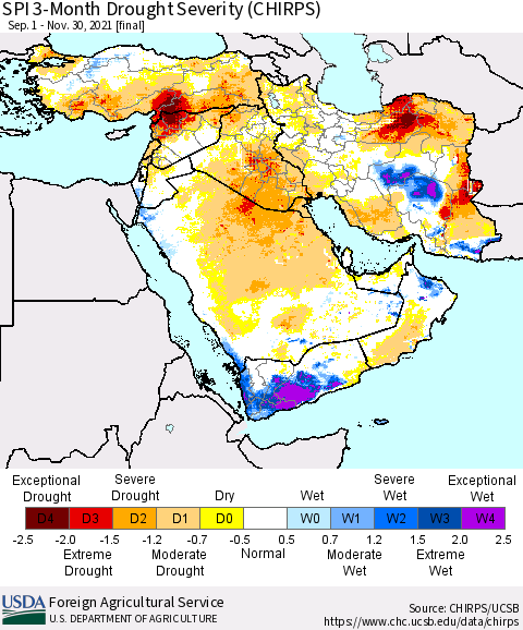 Middle East and Turkey SPI 3-Month Drought Severity (CHIRPS) Thematic Map For 9/1/2021 - 11/30/2021