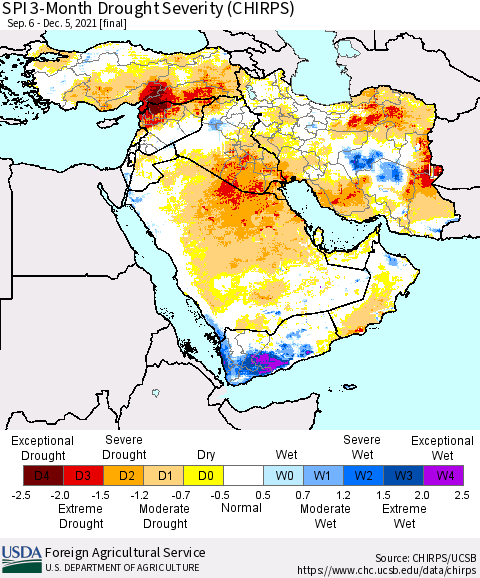 Middle East and Turkey SPI 3-Month Drought Severity (CHIRPS) Thematic Map For 9/6/2021 - 12/5/2021