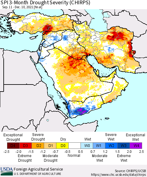 Middle East and Turkey SPI 3-Month Drought Severity (CHIRPS) Thematic Map For 9/11/2021 - 12/10/2021
