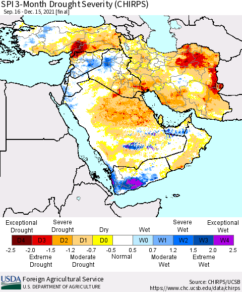 Middle East and Turkey SPI 3-Month Drought Severity (CHIRPS) Thematic Map For 9/16/2021 - 12/15/2021
