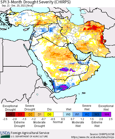 Middle East and Turkey SPI 3-Month Drought Severity (CHIRPS) Thematic Map For 9/21/2021 - 12/20/2021