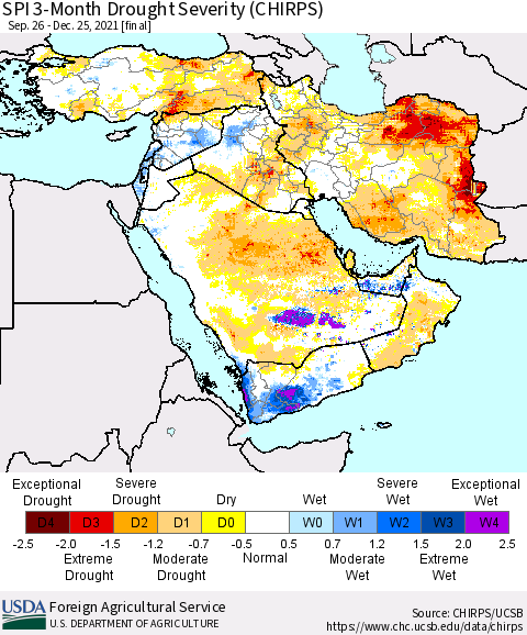 Middle East and Turkey SPI 3-Month Drought Severity (CHIRPS) Thematic Map For 9/26/2021 - 12/25/2021