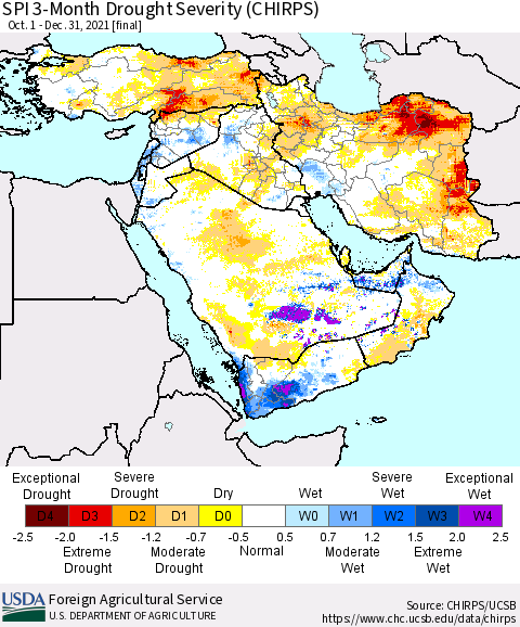 Middle East and Turkey SPI 3-Month Drought Severity (CHIRPS) Thematic Map For 10/1/2021 - 12/31/2021