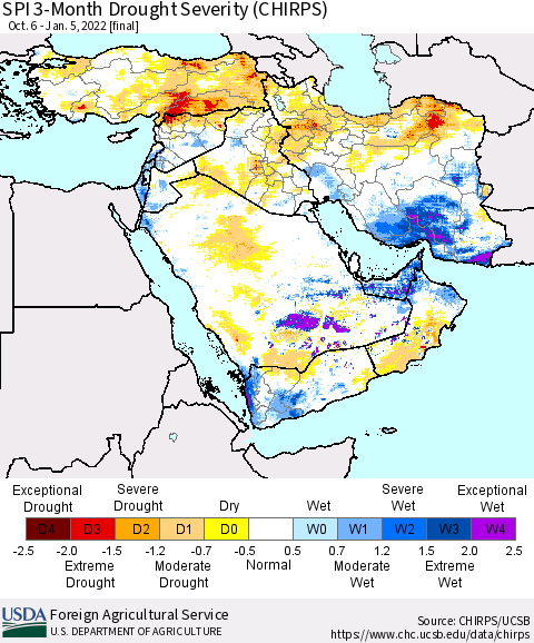 Middle East and Turkey SPI 3-Month Drought Severity (CHIRPS) Thematic Map For 10/6/2021 - 1/5/2022