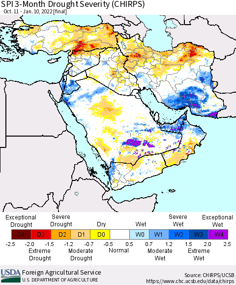 Middle East and Turkey SPI 3-Month Drought Severity (CHIRPS) Thematic Map For 10/11/2021 - 1/10/2022