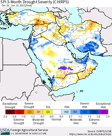 Middle East and Turkey SPI 3-Month Drought Severity (CHIRPS) Thematic Map For 10/16/2021 - 1/15/2022
