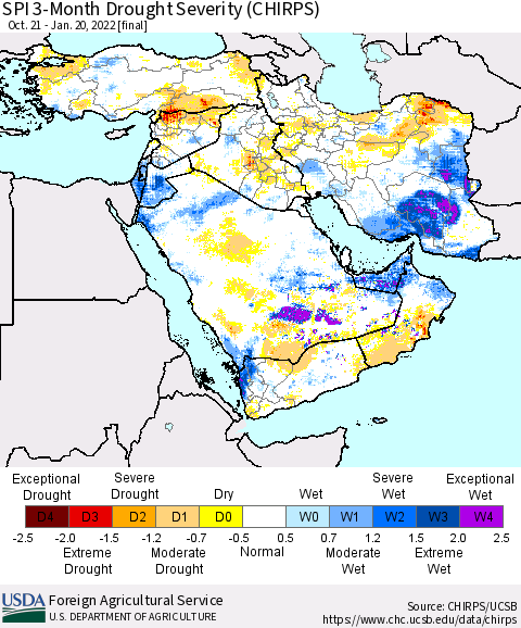 Middle East and Turkey SPI 3-Month Drought Severity (CHIRPS) Thematic Map For 10/21/2021 - 1/20/2022