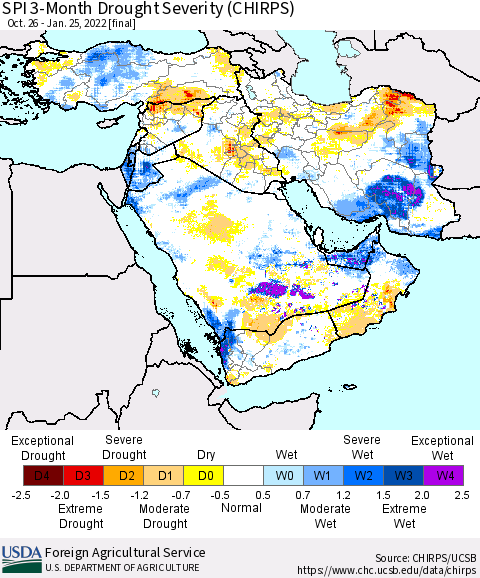 Middle East and Turkey SPI 3-Month Drought Severity (CHIRPS) Thematic Map For 10/26/2021 - 1/25/2022