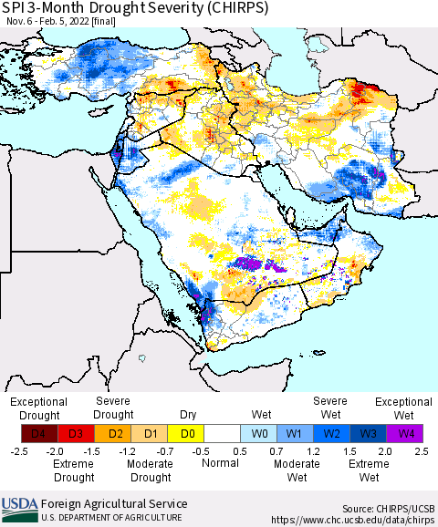 Middle East and Turkey SPI 3-Month Drought Severity (CHIRPS) Thematic Map For 11/6/2021 - 2/5/2022