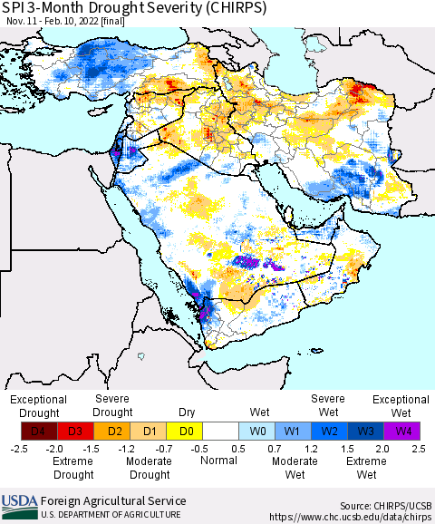 Middle East and Turkey SPI 3-Month Drought Severity (CHIRPS) Thematic Map For 11/11/2021 - 2/10/2022