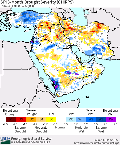 Middle East and Turkey SPI 3-Month Drought Severity (CHIRPS) Thematic Map For 11/16/2021 - 2/15/2022