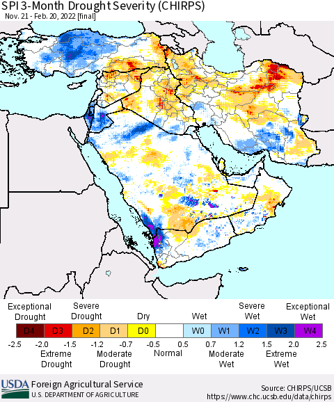 Middle East and Turkey SPI 3-Month Drought Severity (CHIRPS) Thematic Map For 11/21/2021 - 2/20/2022