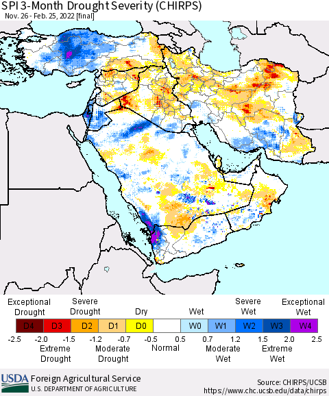 Middle East and Turkey SPI 3-Month Drought Severity (CHIRPS) Thematic Map For 11/26/2021 - 2/25/2022