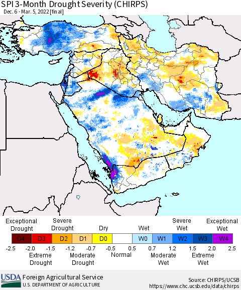 Middle East and Turkey SPI 3-Month Drought Severity (CHIRPS) Thematic Map For 12/6/2021 - 3/5/2022