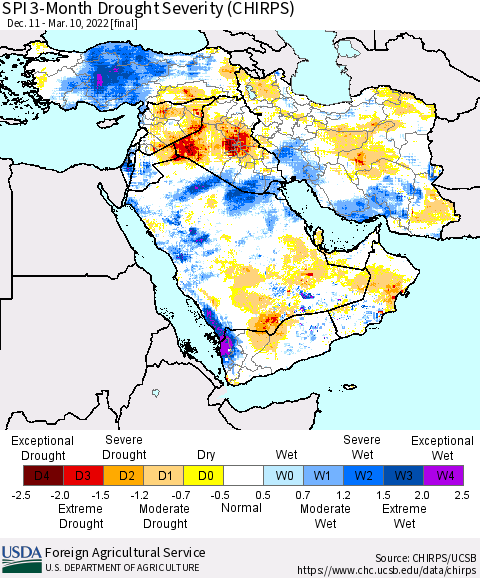 Middle East and Turkey SPI 3-Month Drought Severity (CHIRPS) Thematic Map For 12/11/2021 - 3/10/2022