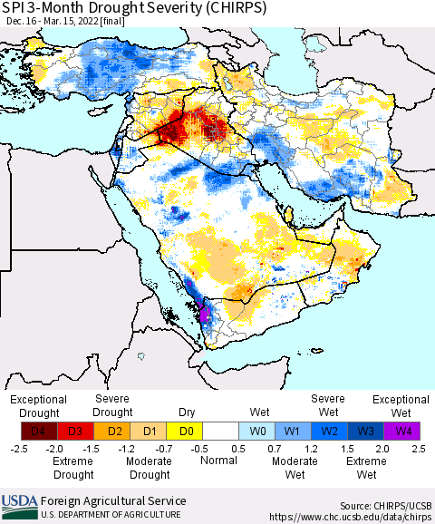 Middle East and Turkey SPI 3-Month Drought Severity (CHIRPS) Thematic Map For 12/16/2021 - 3/15/2022