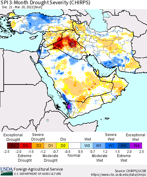 Middle East and Turkey SPI 3-Month Drought Severity (CHIRPS) Thematic Map For 12/21/2021 - 3/20/2022