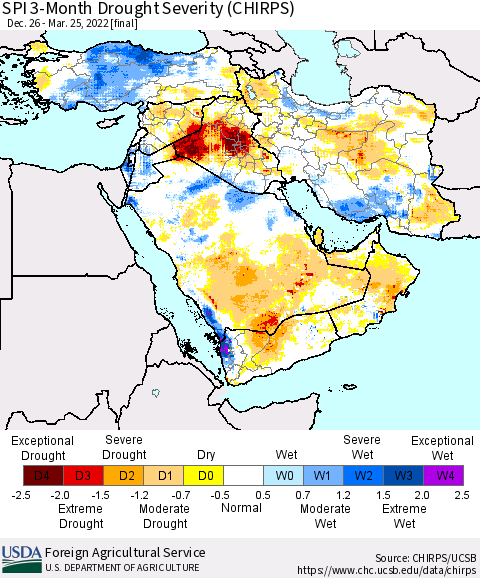 Middle East and Turkey SPI 3-Month Drought Severity (CHIRPS) Thematic Map For 12/26/2021 - 3/25/2022