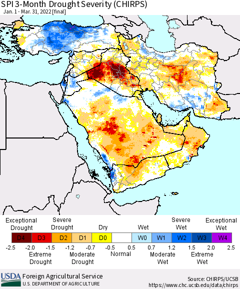 Middle East and Turkey SPI 3-Month Drought Severity (CHIRPS) Thematic Map For 1/1/2022 - 3/31/2022