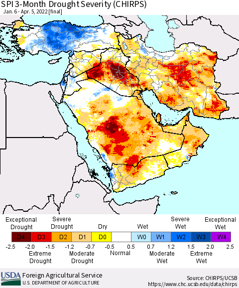 Middle East and Turkey SPI 3-Month Drought Severity (CHIRPS) Thematic Map For 1/6/2022 - 4/5/2022