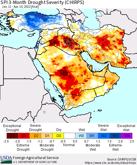 Middle East and Turkey SPI 3-Month Drought Severity (CHIRPS) Thematic Map For 1/11/2022 - 4/10/2022