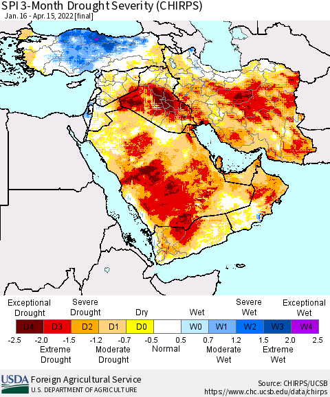 Middle East and Turkey SPI 3-Month Drought Severity (CHIRPS) Thematic Map For 1/16/2022 - 4/15/2022