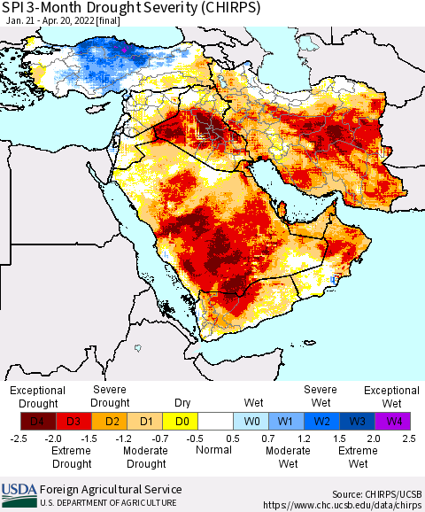 Middle East and Turkey SPI 3-Month Drought Severity (CHIRPS) Thematic Map For 1/21/2022 - 4/20/2022