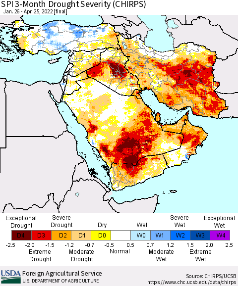 Middle East and Turkey SPI 3-Month Drought Severity (CHIRPS) Thematic Map For 1/26/2022 - 4/25/2022