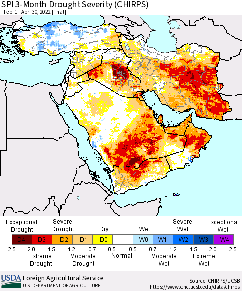 Middle East and Turkey SPI 3-Month Drought Severity (CHIRPS) Thematic Map For 2/1/2022 - 4/30/2022