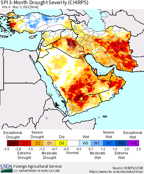 Middle East and Turkey SPI 3-Month Drought Severity (CHIRPS) Thematic Map For 2/6/2022 - 5/5/2022