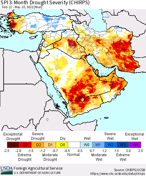 Middle East and Turkey SPI 3-Month Drought Severity (CHIRPS) Thematic Map For 2/11/2022 - 5/10/2022