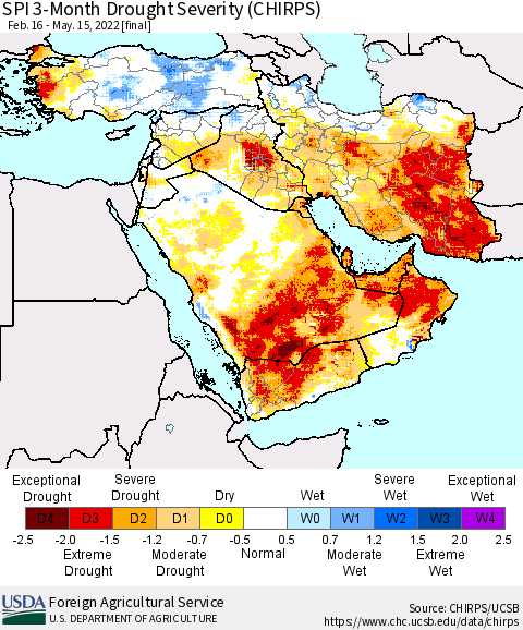 Middle East and Turkey SPI 3-Month Drought Severity (CHIRPS) Thematic Map For 2/16/2022 - 5/15/2022