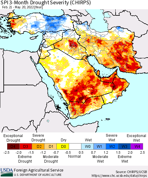 Middle East and Turkey SPI 3-Month Drought Severity (CHIRPS) Thematic Map For 2/21/2022 - 5/20/2022