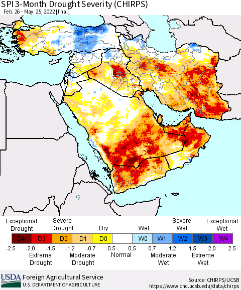 Middle East and Turkey SPI 3-Month Drought Severity (CHIRPS) Thematic Map For 2/26/2022 - 5/25/2022