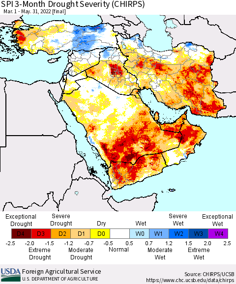 Middle East and Turkey SPI 3-Month Drought Severity (CHIRPS) Thematic Map For 3/1/2022 - 5/31/2022