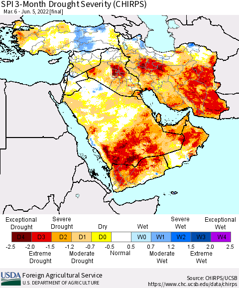 Middle East and Turkey SPI 3-Month Drought Severity (CHIRPS) Thematic Map For 3/6/2022 - 6/5/2022