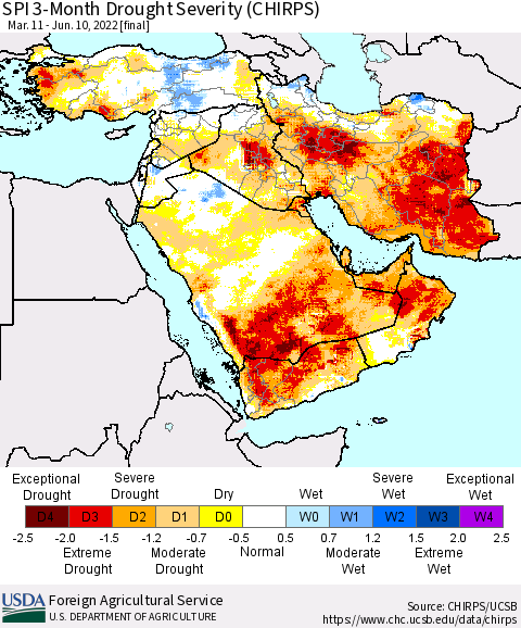 Middle East and Turkey SPI 3-Month Drought Severity (CHIRPS) Thematic Map For 3/11/2022 - 6/10/2022