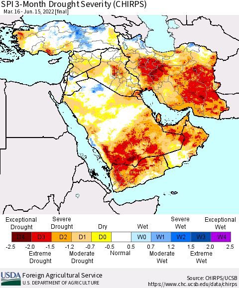 Middle East and Turkey SPI 3-Month Drought Severity (CHIRPS) Thematic Map For 3/16/2022 - 6/15/2022