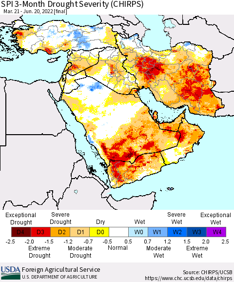 Middle East and Turkey SPI 3-Month Drought Severity (CHIRPS) Thematic Map For 3/21/2022 - 6/20/2022