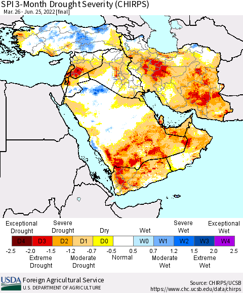 Middle East and Turkey SPI 3-Month Drought Severity (CHIRPS) Thematic Map For 3/26/2022 - 6/25/2022