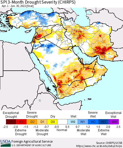 Middle East and Turkey SPI 3-Month Drought Severity (CHIRPS) Thematic Map For 4/1/2022 - 6/30/2022
