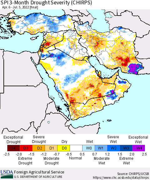 Middle East and Turkey SPI 3-Month Drought Severity (CHIRPS) Thematic Map For 4/6/2022 - 7/5/2022