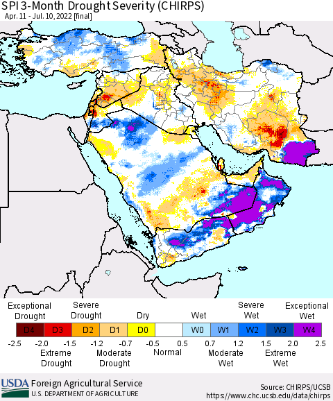 Middle East and Turkey SPI 3-Month Drought Severity (CHIRPS) Thematic Map For 4/11/2022 - 7/10/2022