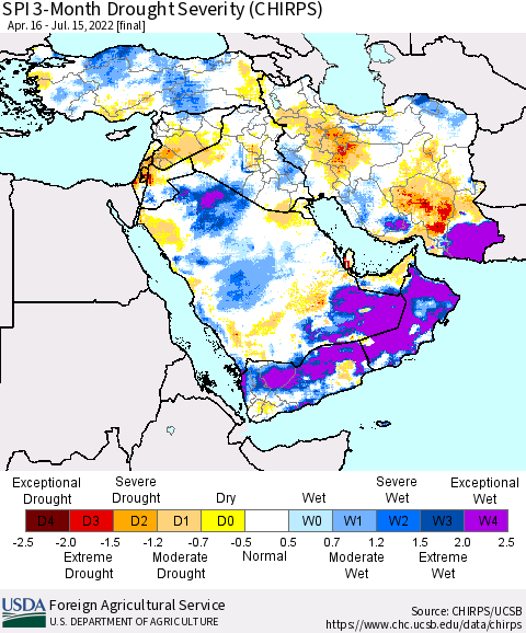 Middle East and Turkey SPI 3-Month Drought Severity (CHIRPS) Thematic Map For 4/16/2022 - 7/15/2022