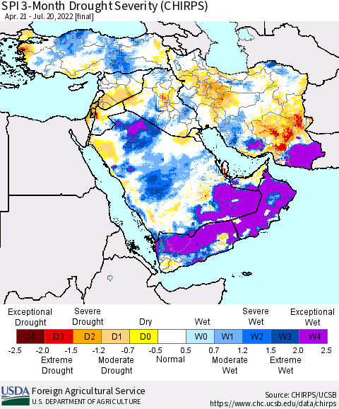 Middle East and Turkey SPI 3-Month Drought Severity (CHIRPS) Thematic Map For 4/21/2022 - 7/20/2022